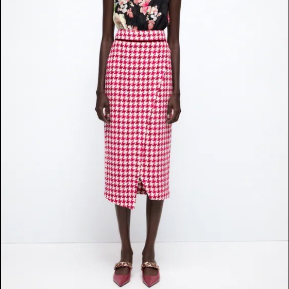 Zara TWEED TEXTURED WEAVE HOUNDSTOOTH
High-waist Midi Skirt Front Slit Pink NEW - Picture 10 of 16